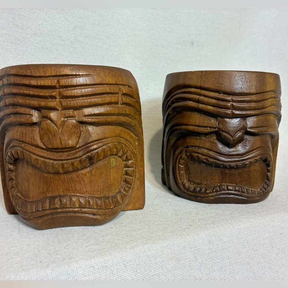 Vintage Pair Of Carved Wooden Tiki Mugs With Handle Party Cups Barware Mai Tai